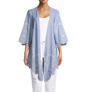 Kimono Women's Size S/M Blue Floral Embroidered Open Front Cardigan Casual City